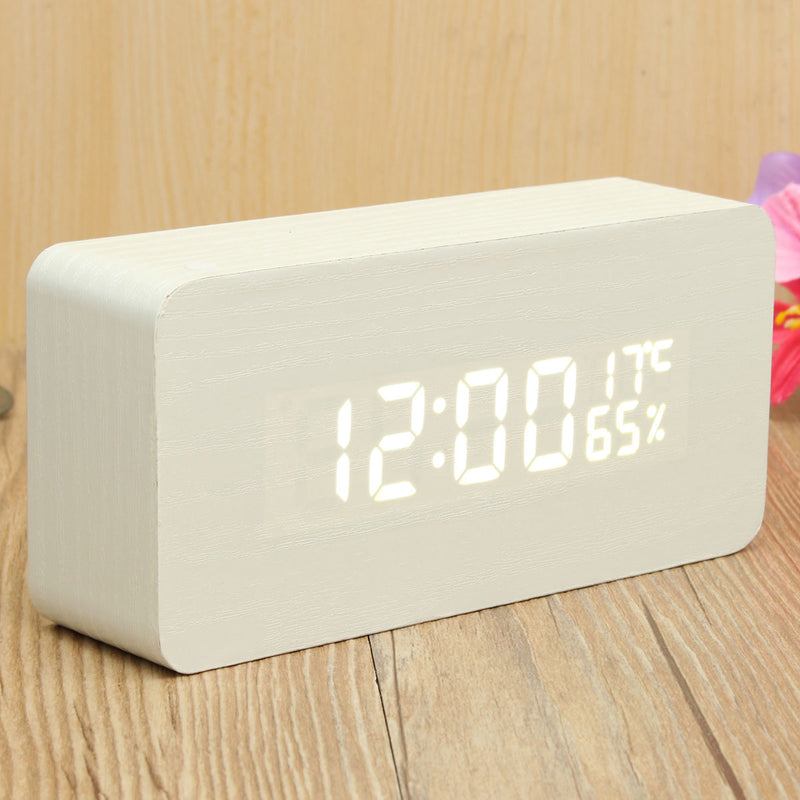 USB Voice Control Wooden Wooden Rectangle Temperature LED Digital Alarm Clock Humidity Thermometer