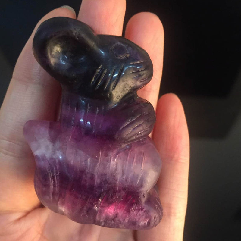 2" Hand Carved Rainbow Fluorite Squirrel Natural Quartz Crystal Skull Healing Decorations