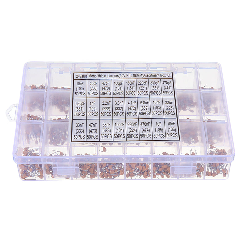 1200pcs 24 Values 50V 10pF-10uF Monolithic Ceramic Capacitor Assorted Kit