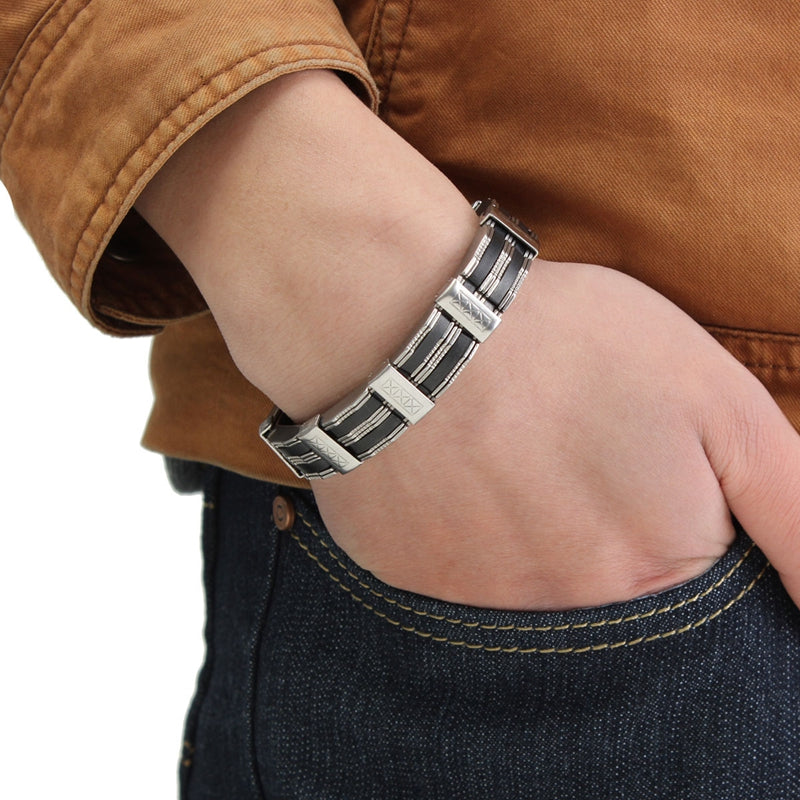 Punk Black Silicone Silver Stainless Steel Chain Wristband Bracelet for Men