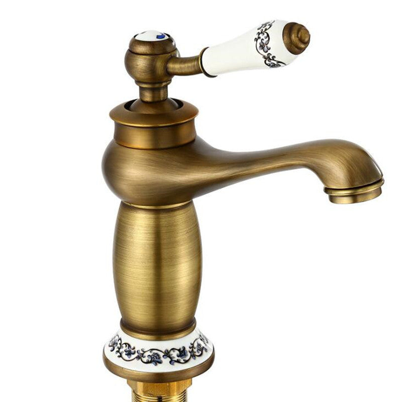 European Antique Faucet Single Hole Full Copper Drawing Bathroom Basin Faucet Mixer Tap