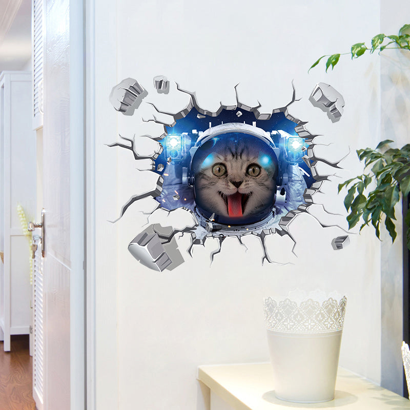 Miico Creative 3D Space Astronaut Cat Broken Wall PVC Removable Home Room Decor Sticker