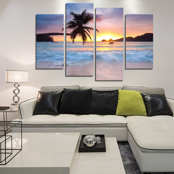 Miico Hand Painted Four Combination Decorative Paintings Seaside Coconut Tree Wall Art For Home Decoration