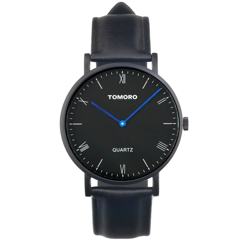 TOMORO TM0818 Fashion Leather Strap Large Dial Blue Pointer Ultra-thin Men Watch Quartz Watch