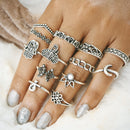 13 Pcs Women's Retro Carved Hollow Elephant Palm Mosaic Lotus Rhinestone Rings