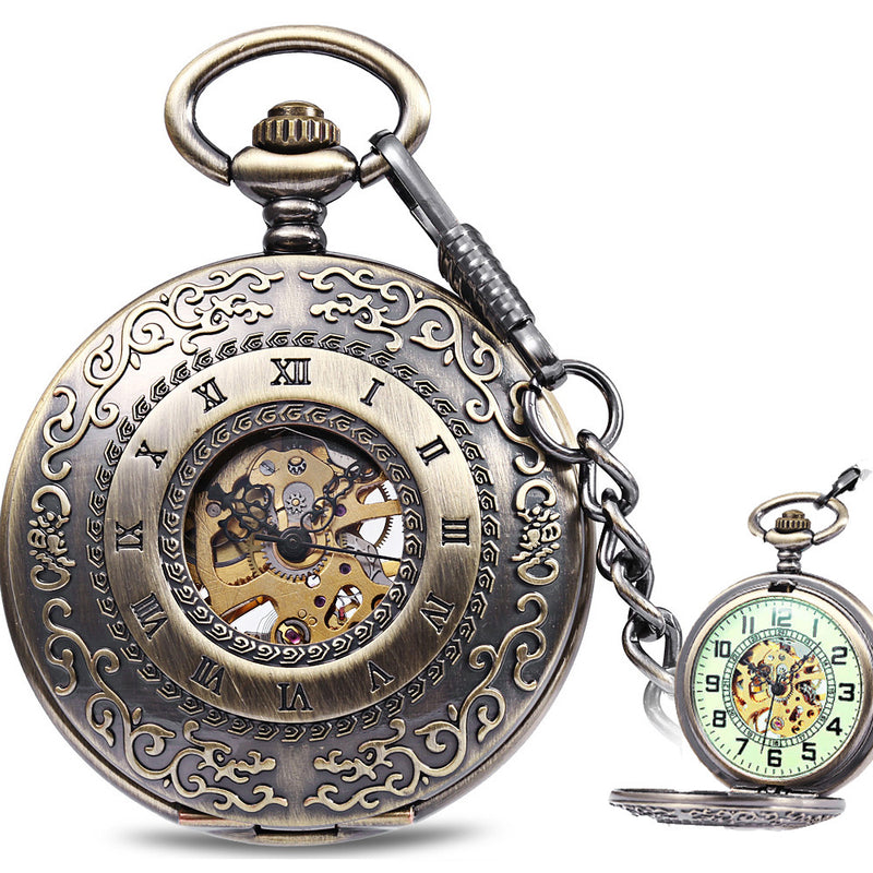 JIJIA JX009 Carved Flower Cover Hollow Cover Alloy Bronze Mechanical Pocket Watch