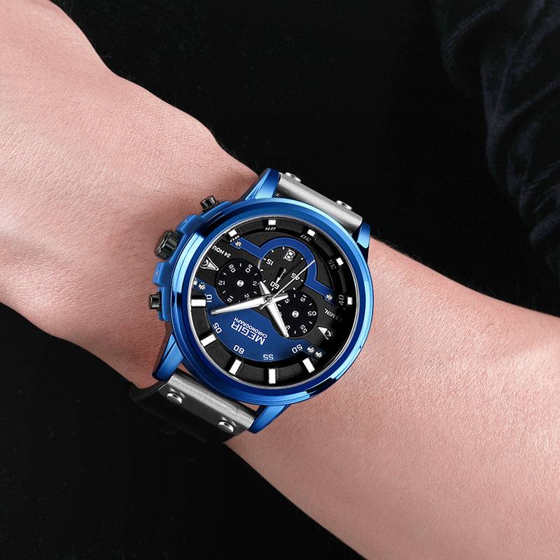 MEGIR 2080 24Hours Chronograph Luminous Hands Waterproof Leather Sports Quartz Watch Men Wristwatch