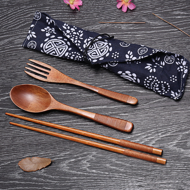 3Pcs/set Portble Wooden Chopsticks Spoon Fork Tableware Japanese Style With Storage Bag