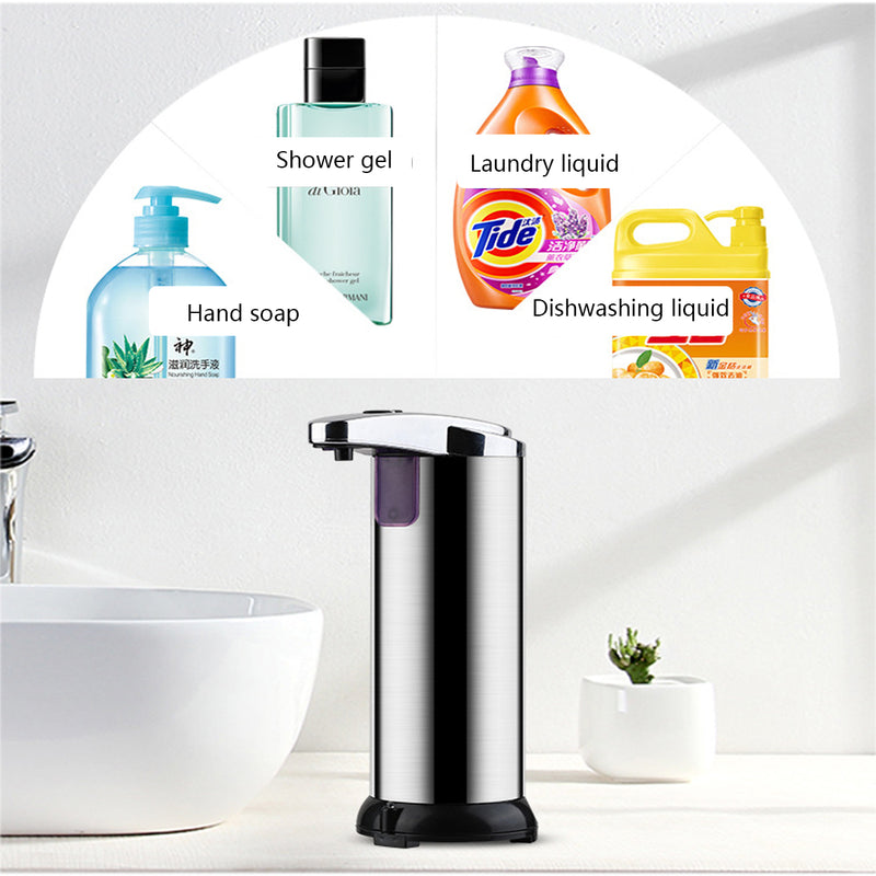Stainless Steel 250ml  Auto Induction Soap Dispenser IPX7 IR Body Sensing Intelligent Container With Led Light