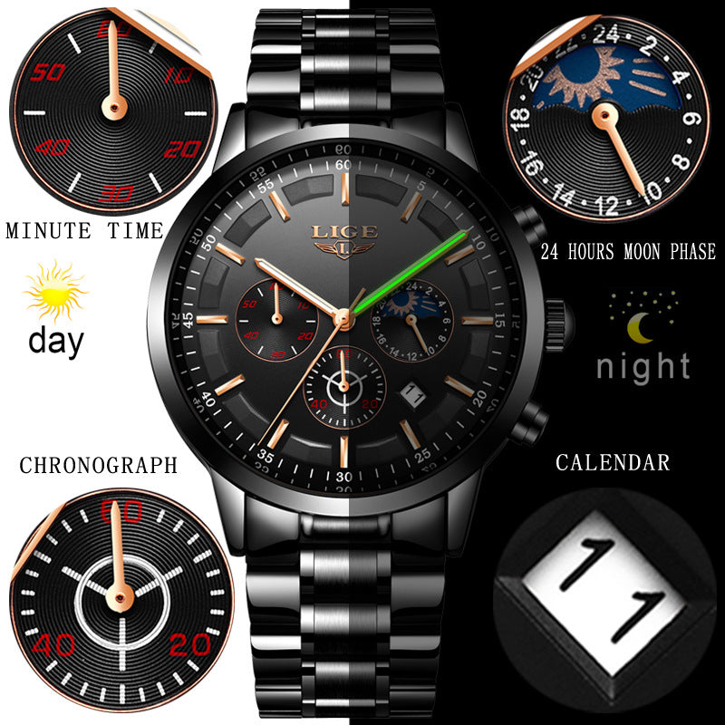LIGE 9877 Business Style Waterproof Men Wrist Watch Luminous Display Full Steel Quartz Watches