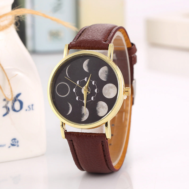 Solar Moon Phase Lunar Eclipse Unisex Watch Leather Strap Quartz Watch for Women Men