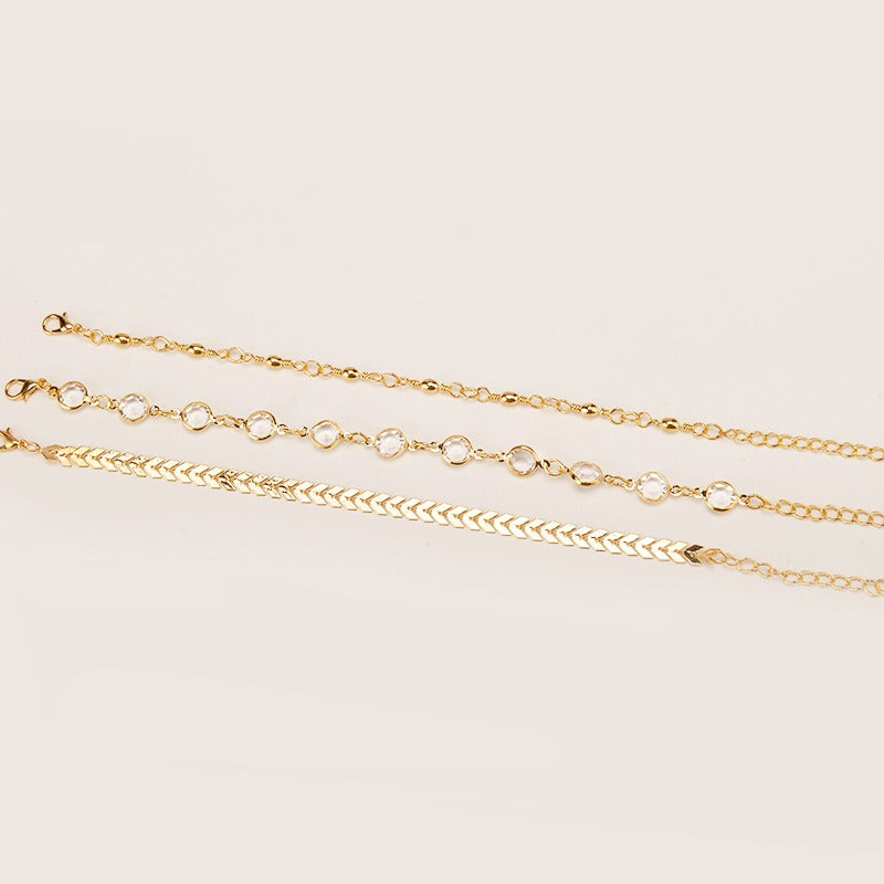 Stylish Arrow-studded 3 Pieces/ Set Gold Alloy Rhinestone Anklet For Women