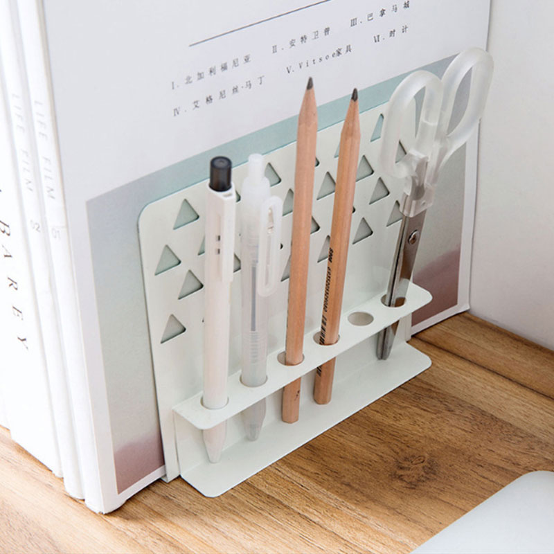 Metal Iron Bookends With Pen Holder Office School Desktop Bookshelf For Book Pen Storage