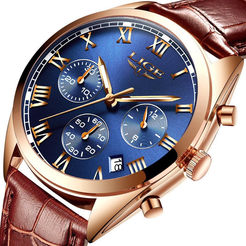 LIGE 9852 Waterproof Luminous Display Men Wrist Watch Fashion Leather Strap Quartz Watch