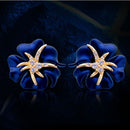1 Pair Elegant Brilliant Blue Red Blooming Flowers Golden Rhinestones Stud Earrings