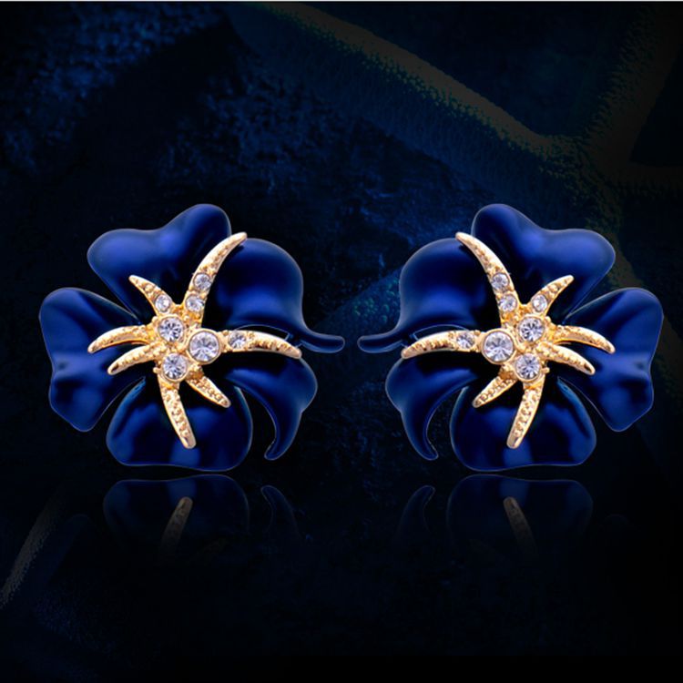 1 Pair Elegant Brilliant Blue Red Blooming Flowers Golden Rhinestones Stud Earrings
