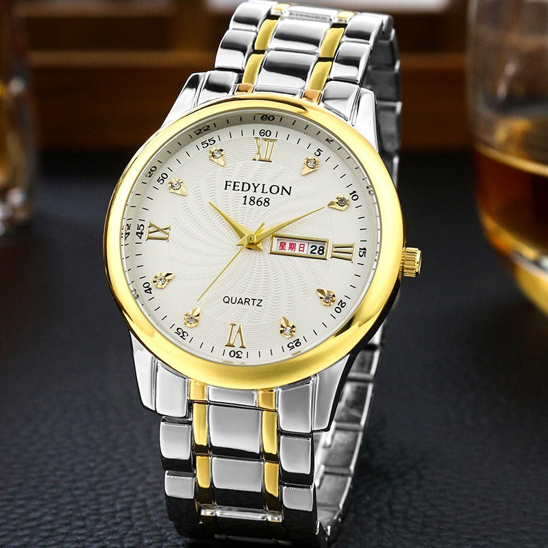 FEDYLON Men Fashion Style Full Steel Week Day Display Crystal Dial Quartz Watch