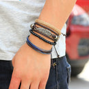 Vintage Multilayer Wood Beads Woven Leather Bracelet Leaf Pendant Unisex Bangle Chain