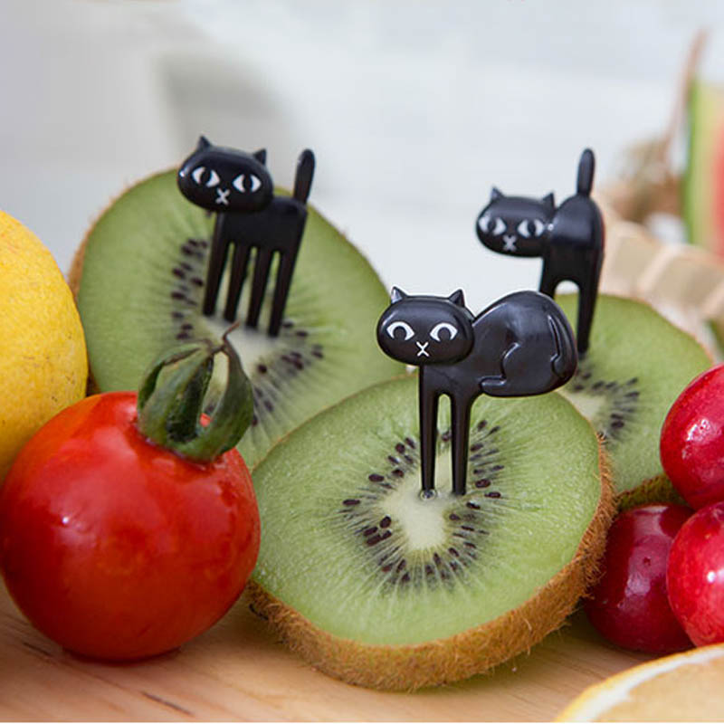 6Pcs Mini Animal Fork Fruit Picks Cute Cartoon Black Cat Children Fork Toothpick Novelties Toys