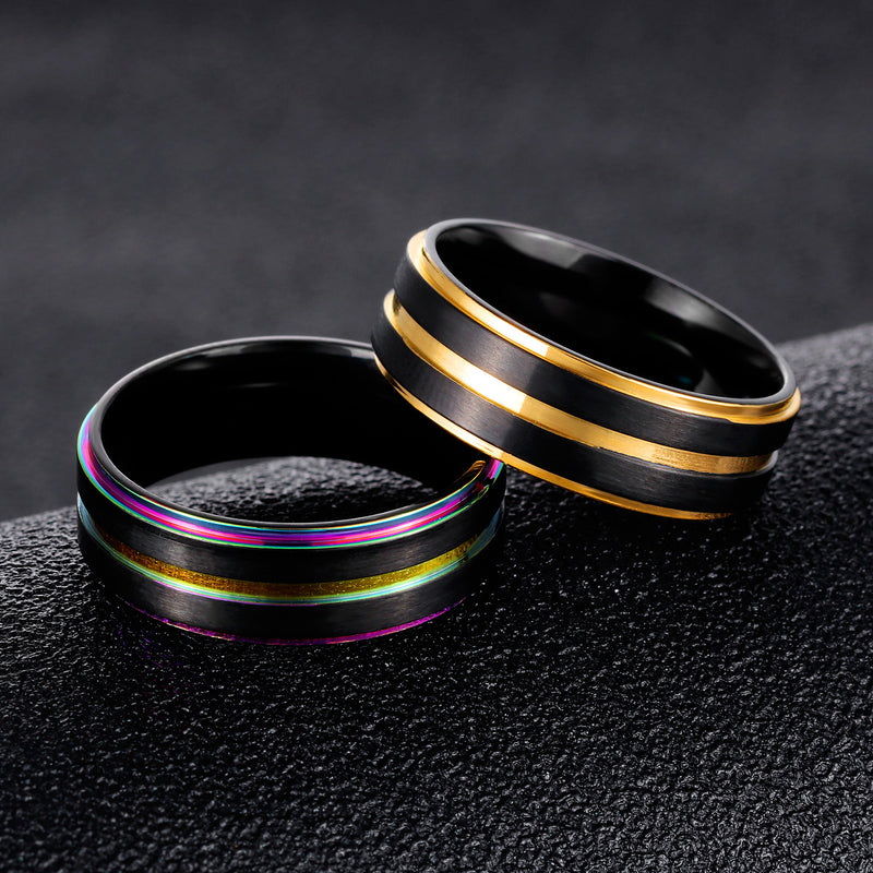 7mm Black Gold Double Plating Finger Rings Titanium Steel Slot Groove Ring Jewelry for Men