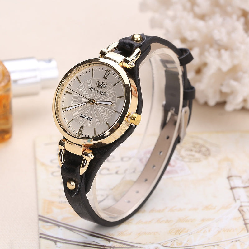 Fashion Colorful Leather Band Women Simple Dial Rose Gold Case Quartz Watch