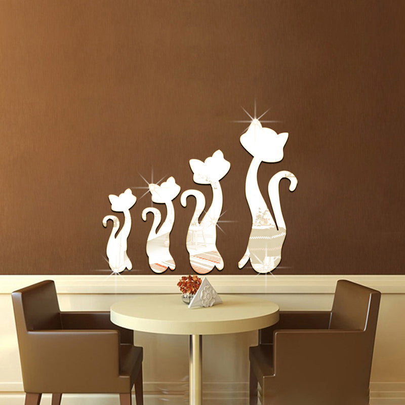 Honana DX-Y3 4Pcs Cute Silver DIY Sexy Cat Mirror Wall Stickers Home Wall Bedroom Office Decor