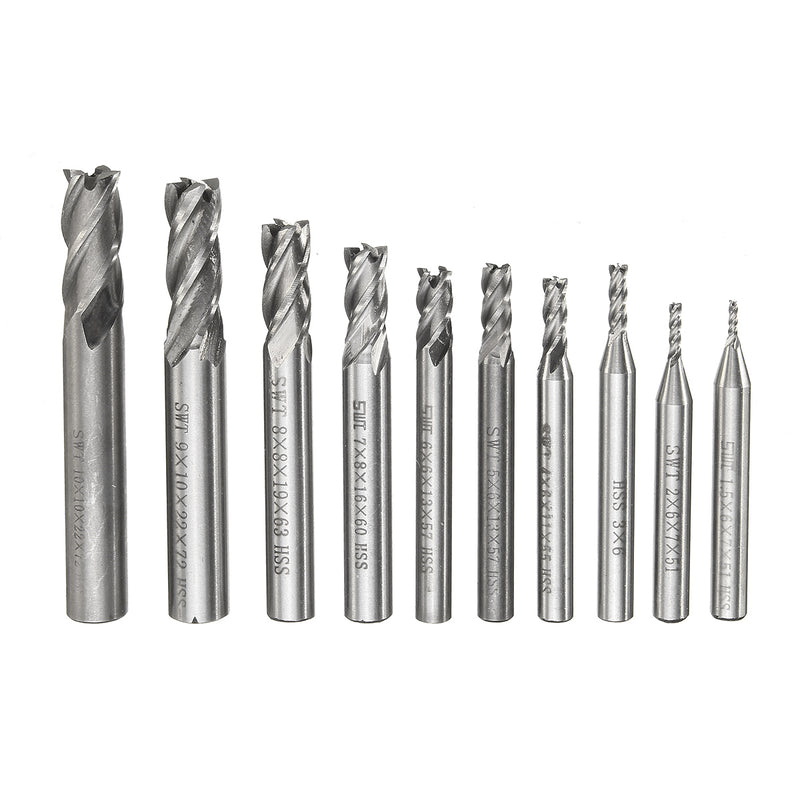 10pcs 1.5-10mm HSS 4 Flute CNC End Mill Cutter Straight Shank End Milling Cutter