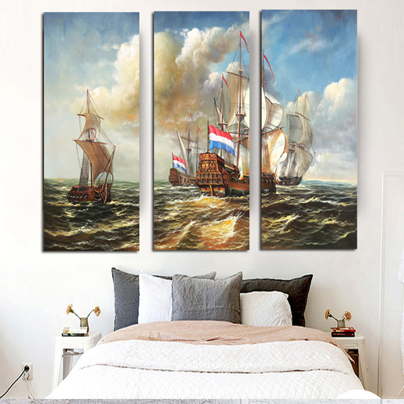 Miico Hand Painted Three Combination Decorative Paintings Sea Vessel Wall Art For Home Decoration