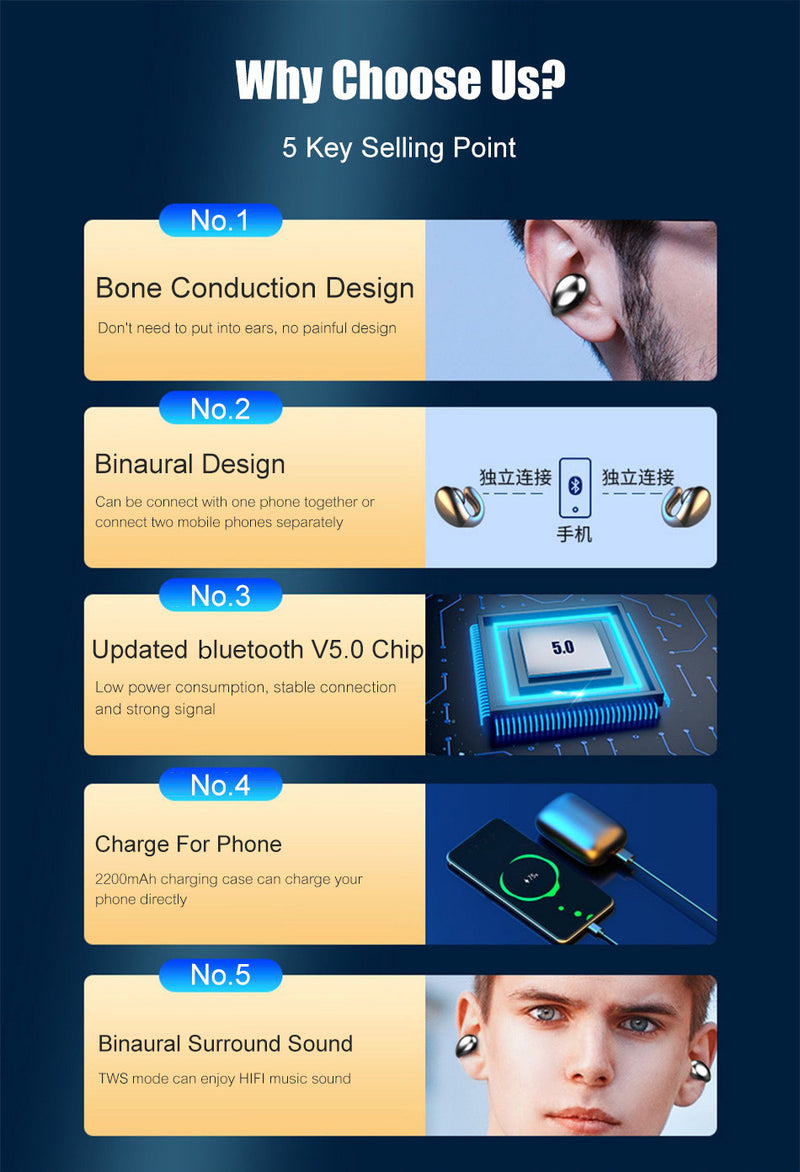 S19 TWS Hanging Ear Bone Conduction bluetooth 5.0 Sports Handsfree Earphone Headphones