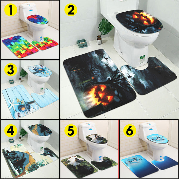 3PCS Durable Safety Patent Print Non-slip Bath Mat Toilet Rug Bathroom Carpet