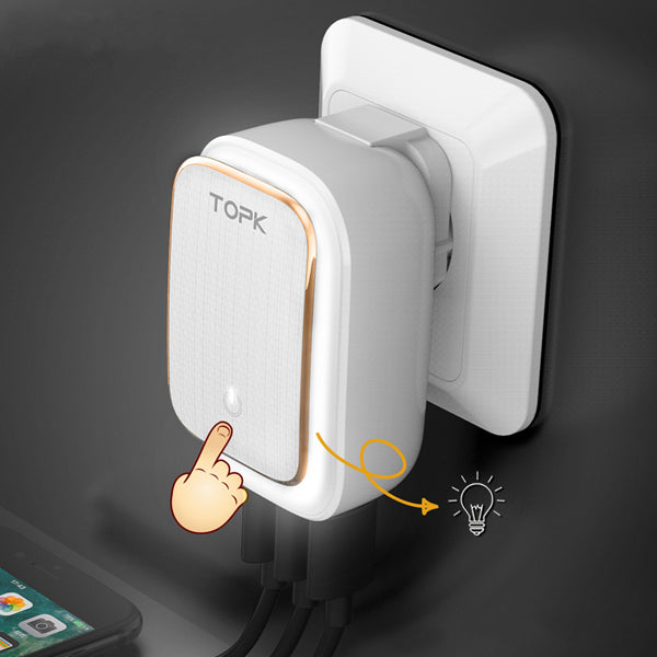 TOPK 3.4A 3 Ports Auto-ID USB Travel Wall Charger Adapter With Touch LED Lamp US UK AU EU Plug