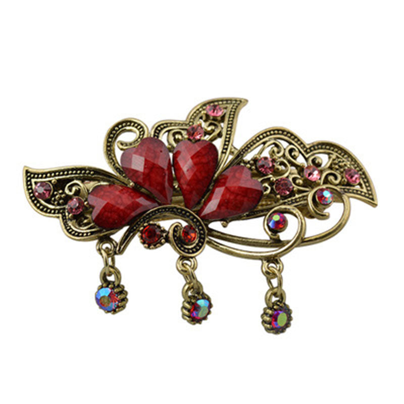 Women's Retro Colorful Zircon Rhinestone Flowers Hairpin Elegant Butterfly Hair Spring Clip