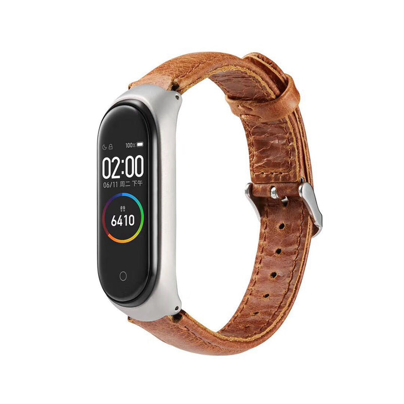 Solid Crazy Horse Pattern Leather Watch Band Watch Strap Replacement for Xiaomi Miband 4