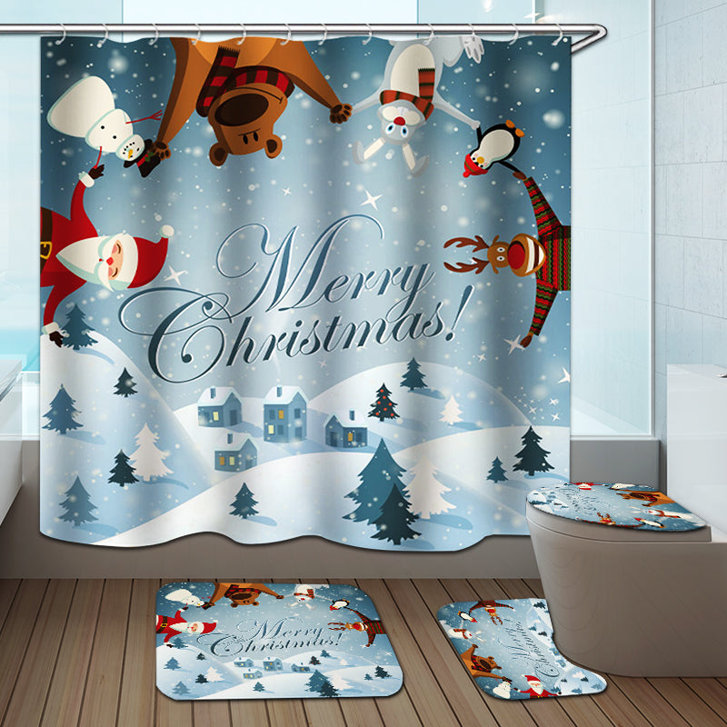Christmas Snowman Bath Shower Curtain Toilet Seat Cover Mat Cushion Set Non Slip