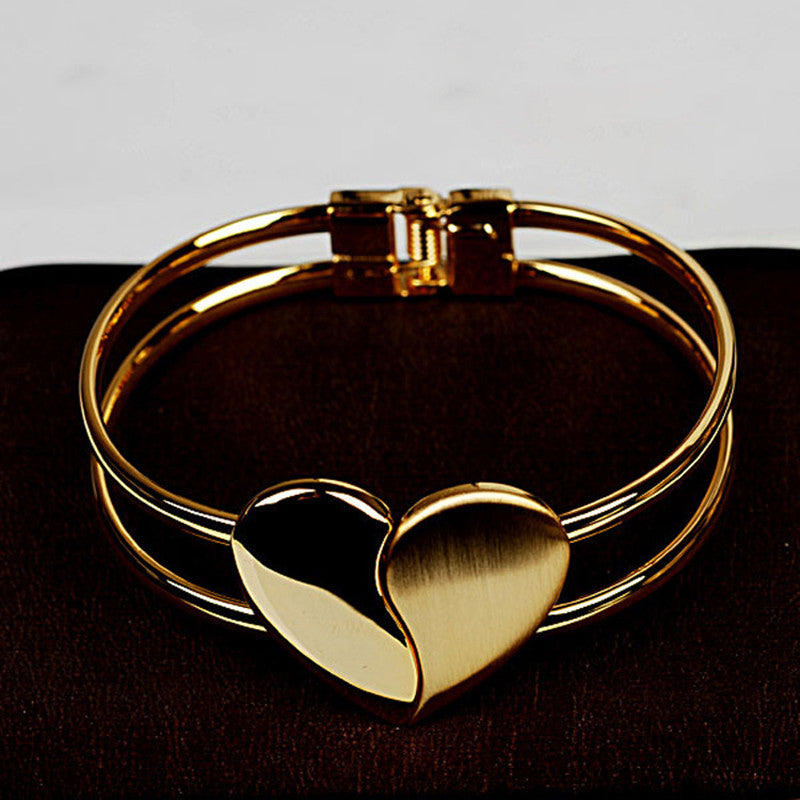 Trendy Metal Geometric Frosted Peach Heart Bracelet Shiny Double Heart Splice Bracelet