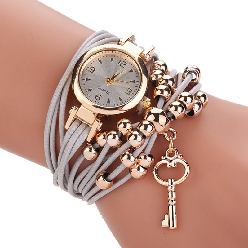 Gold Case Colorful Leather Beading Strap Ladies Dress Women Bracelet Wristband Quartz Watch