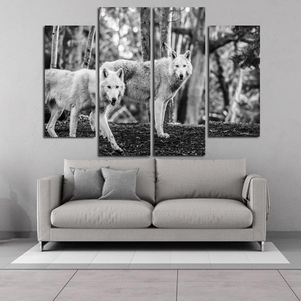 Miico Hand Painted Four Combination Decorative Paintings Double W-olves Wall Art For Home Decoration