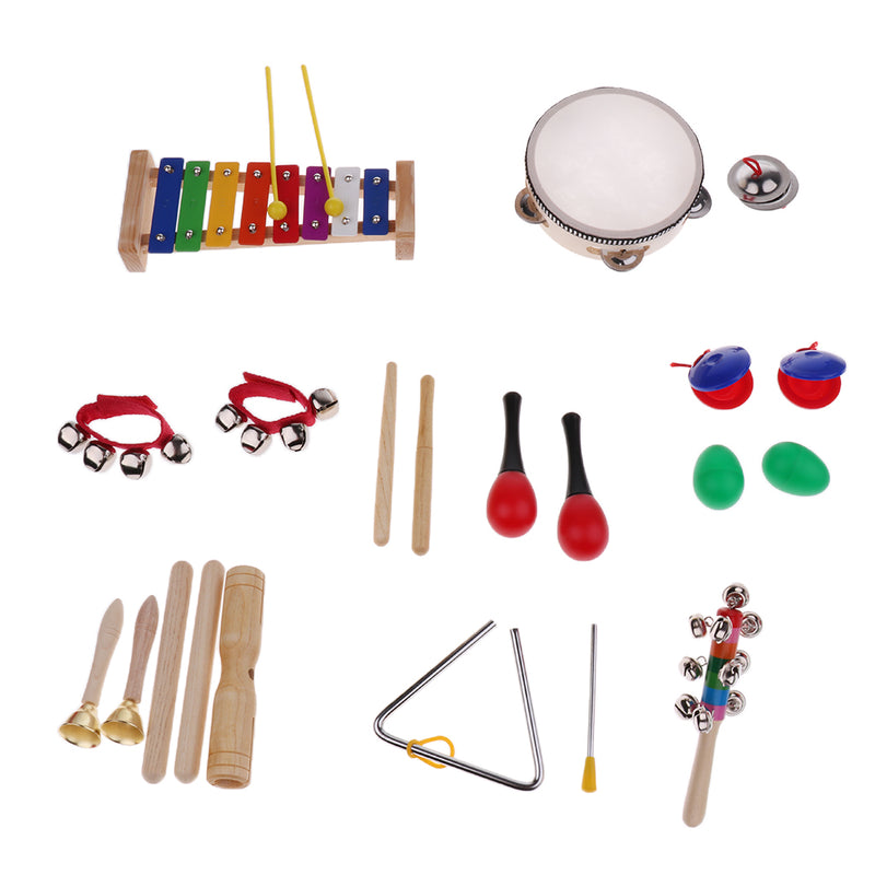 1 Set Castanet Tambourine Maraca Xylophone Sound Tube Triangle Instrument for Baby Toddler Kids Musical Toys