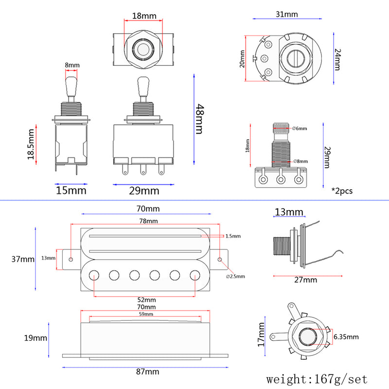 1 Set Copper Dual Rail Single Coil Pickup Humbucker for Electric/Cigar Box Guitar Parts DIY