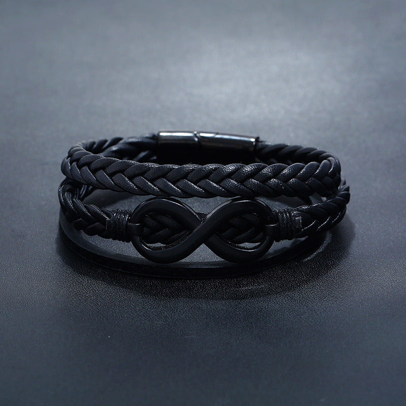 Stainless Steel Buckle Leather Alloy Black Plated 8 Word Imitation Leather Bracelet