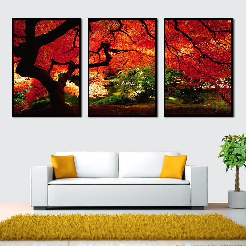 Miico Hand Painted Three Combination Decorative Paintings Maple Tree Wall Art For Home Decoration