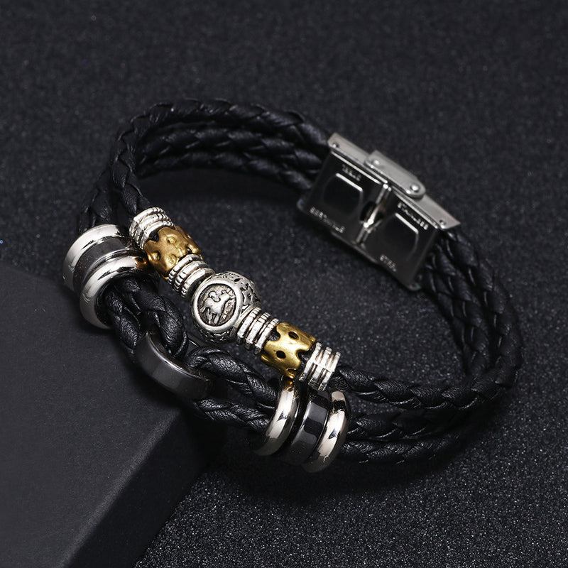 12 Constellation Stainless Steel Buckle Cowhide Leather Rope Woven Men's Bracelet
