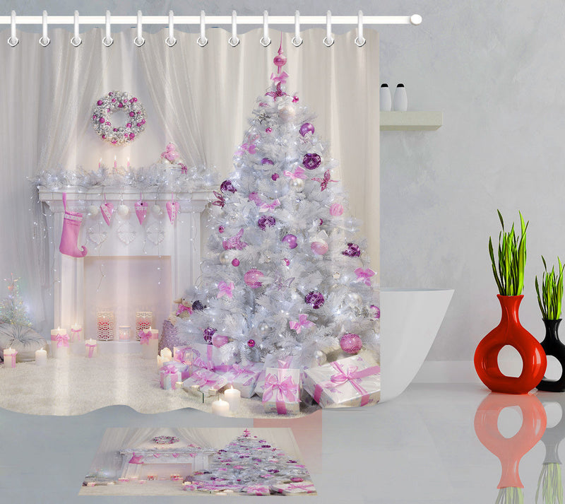 Christmas Tree Interior Xmas Fireplace Pink Decorated Indoors Shower Curtain Bathroom Sets