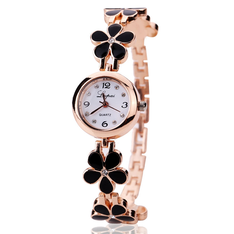 LVPAI XR694 Rose Gold Case Ladies Watch 3D Flower Quartz Bracelet Watch
