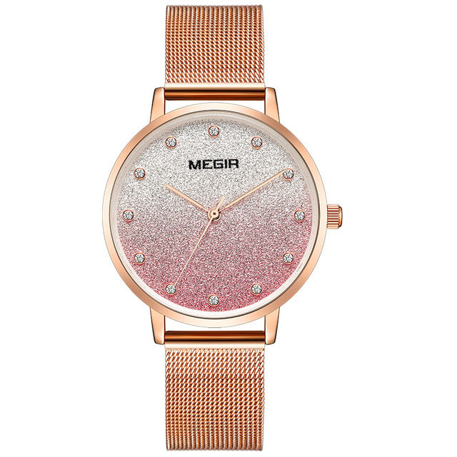 MEGIR 4215 Ultra Thin Simple Design Mesh Steel Strap Women Wristwatch Fashionable Quartz Watch