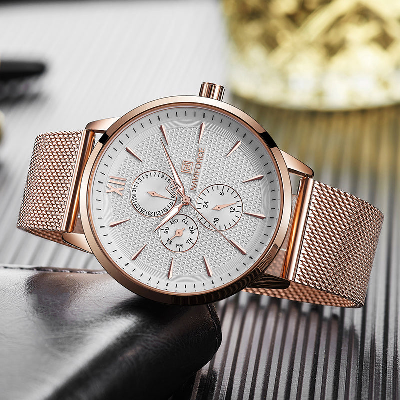 NAVIFORCE 3003 Working Little Dials Waterproof Quartz Watch Mesh Steel Ultra Thin Men Watch