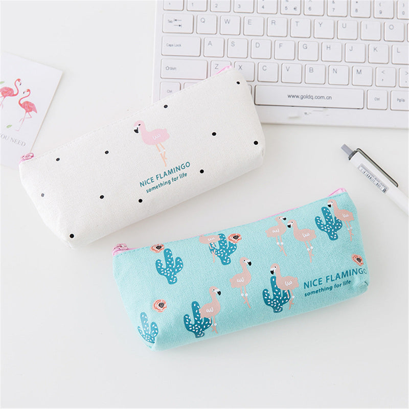Mrosaa Cute Flamingo Canvas Pencil Case Small Fresh Zipper Large Capacity Pen Bag School Stationery
