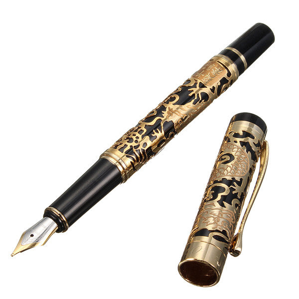 JINHAO 5000 Black And Golden Medium Nib Fountain Pen Dragon Embossed