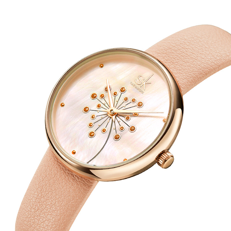 SHENGKE SK K0113 The Plant Pattern Creative Dial Fashion Leather Strap Quartz Watch