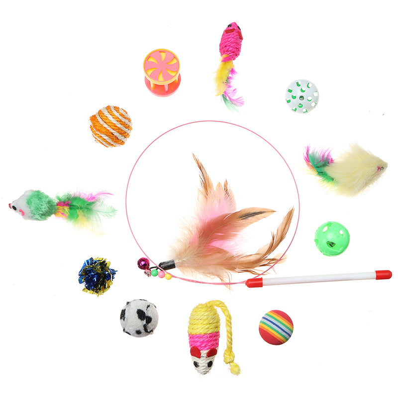 12Pcs Pet Cat Toys Kitty Rod Feather Bells Balls Fur Scratch Teaser Rat